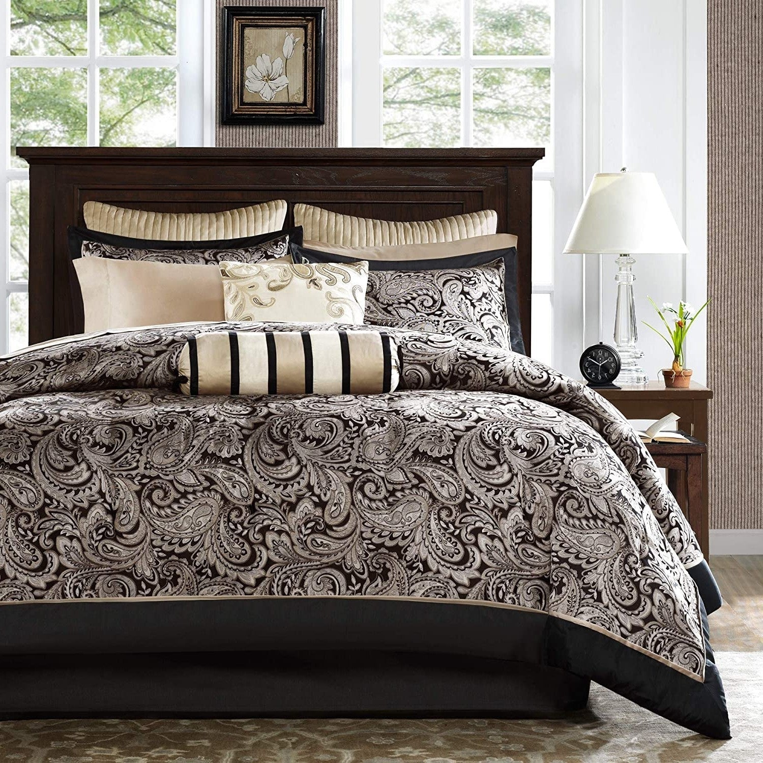 Queen 12 Piece Cotton Polyester Comforter Set Black Gold Paisley-1