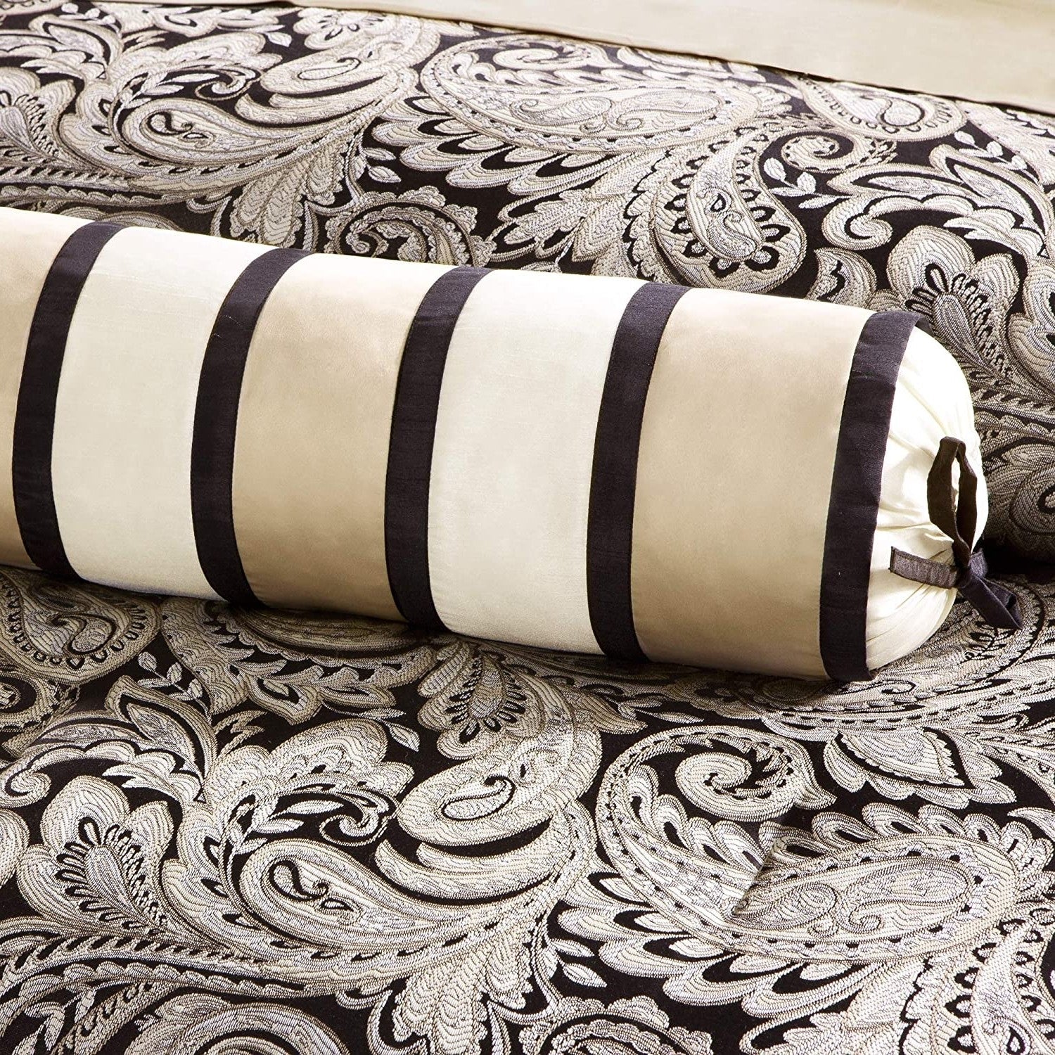 Queen 12 Piece Cotton Polyester Comforter Set Black Gold Paisley-3
