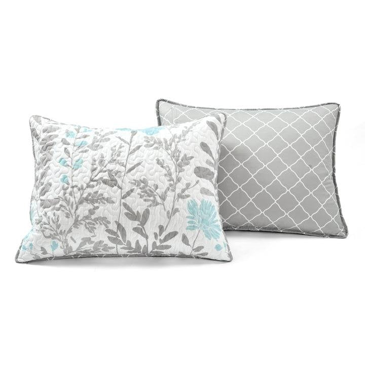 King Size Blue Grey Floral Lightweight Thin Polyester Fabric 3-Piece Quilt Set-4