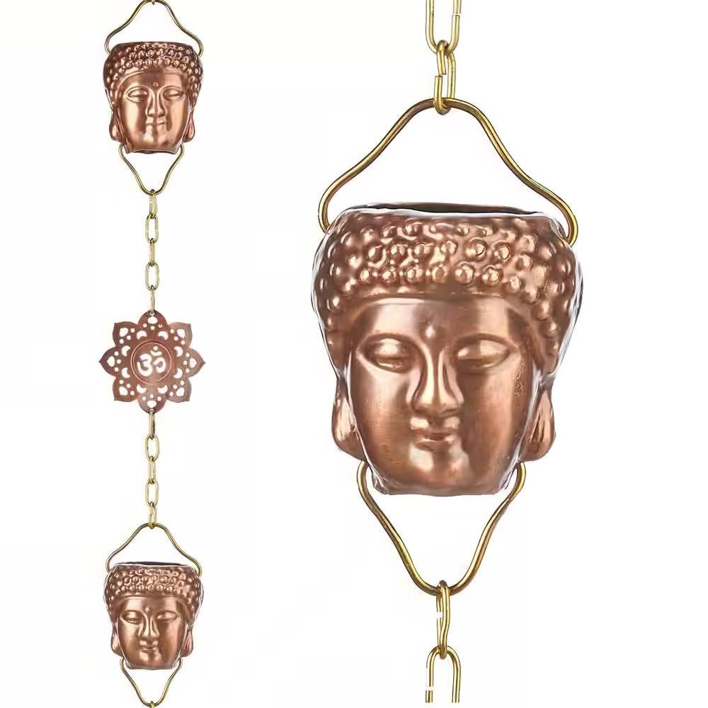 8.5 ft. Buddha Head Cups and Ohm Ornaments Copper Rain Chain Gutter Downspout-0