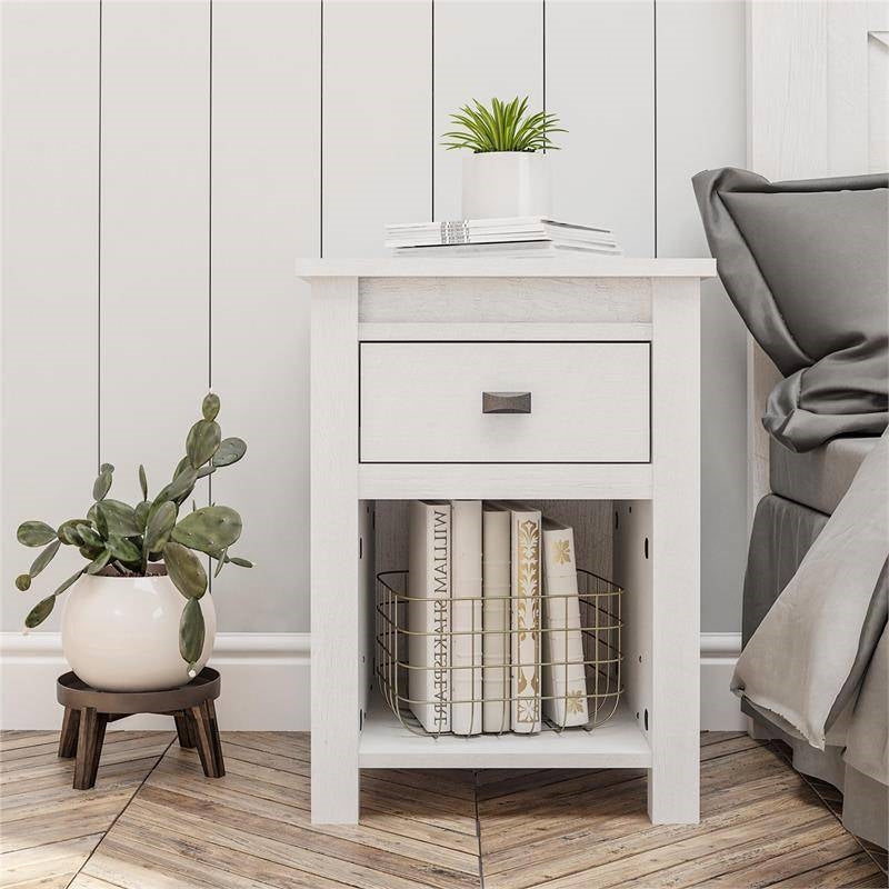 Farmhouse 1-Drawer Bedroom Nightstand with Open Shelf in Rustic Off-White Oak-1