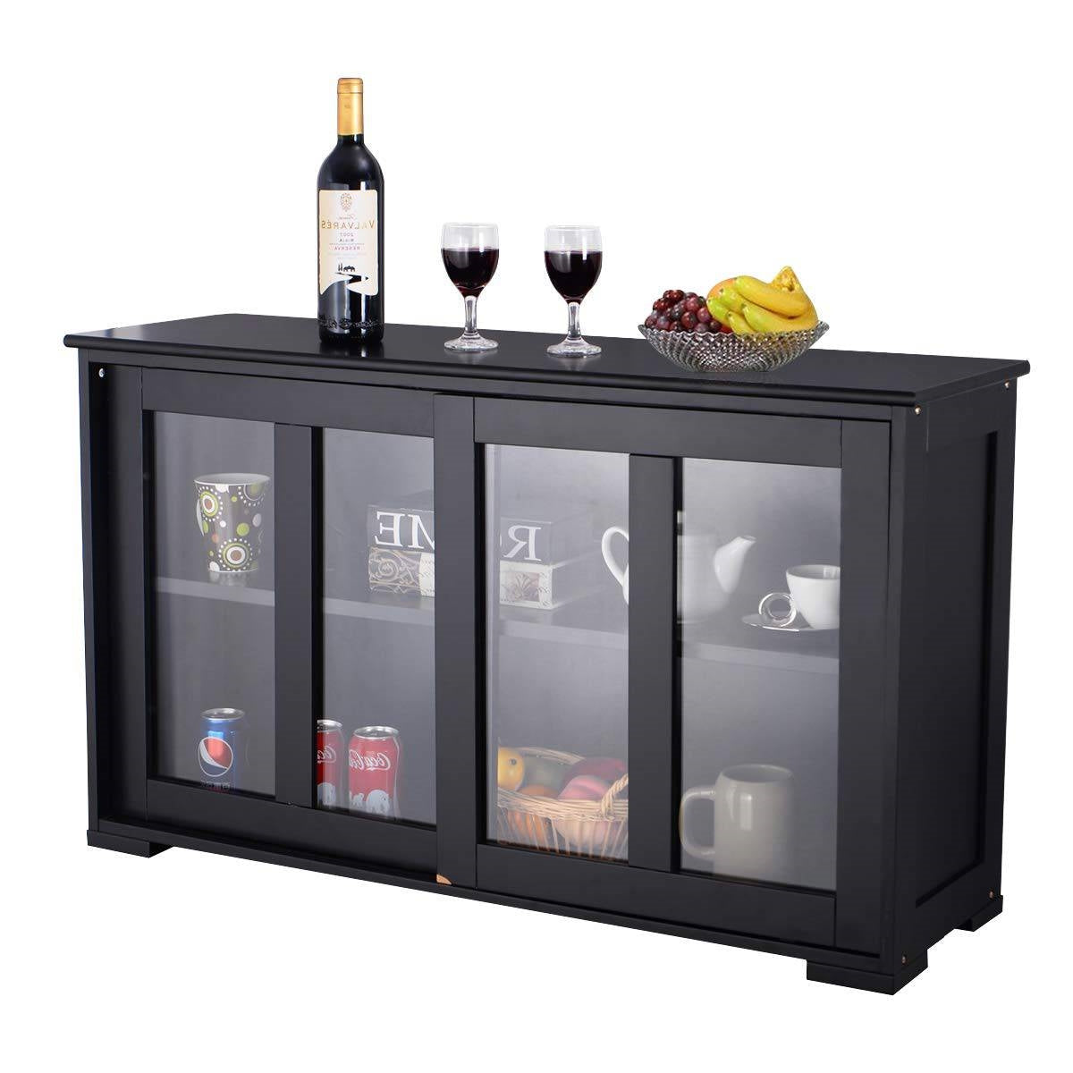 Black Sideboard Buffet Dining Storage Cabinet with 2 Glass Sliding Doors-0