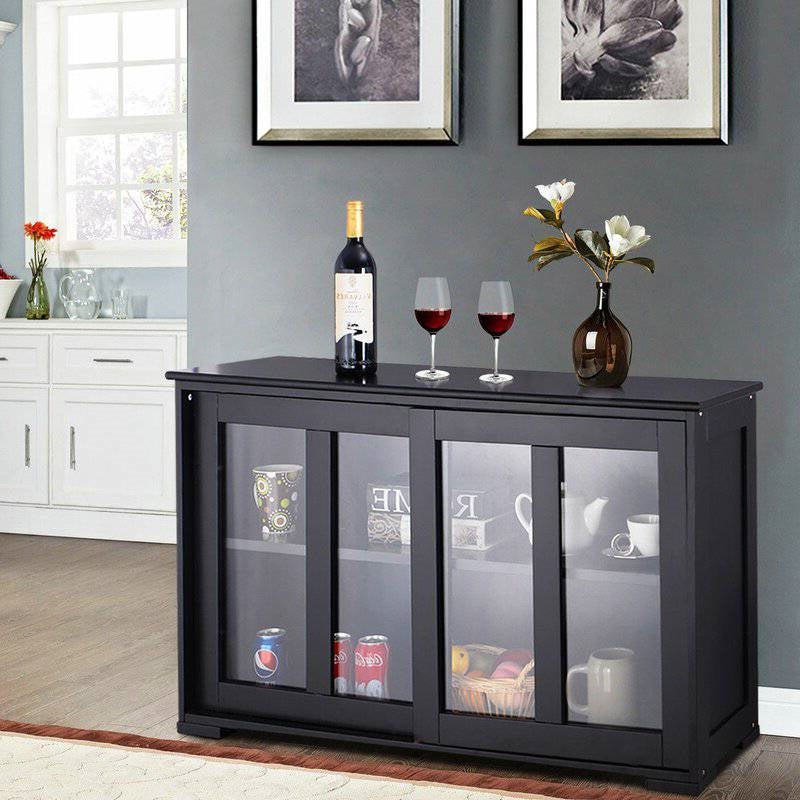 Black Sideboard Buffet Dining Storage Cabinet with 2 Glass Sliding Doors-2