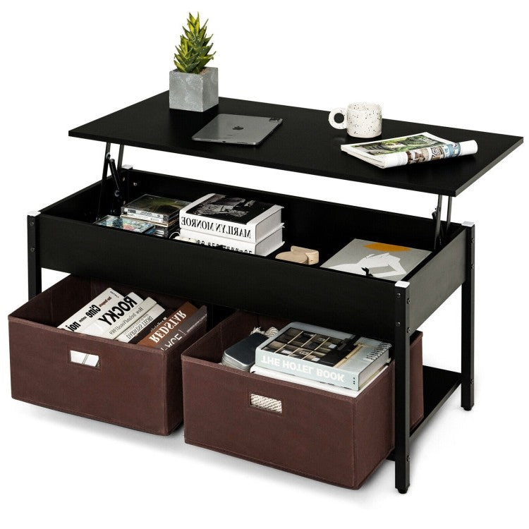 FarmHouse Black Lift-Top Multi Purpose Coffee Table with 2 Storage Drawers Bins-0