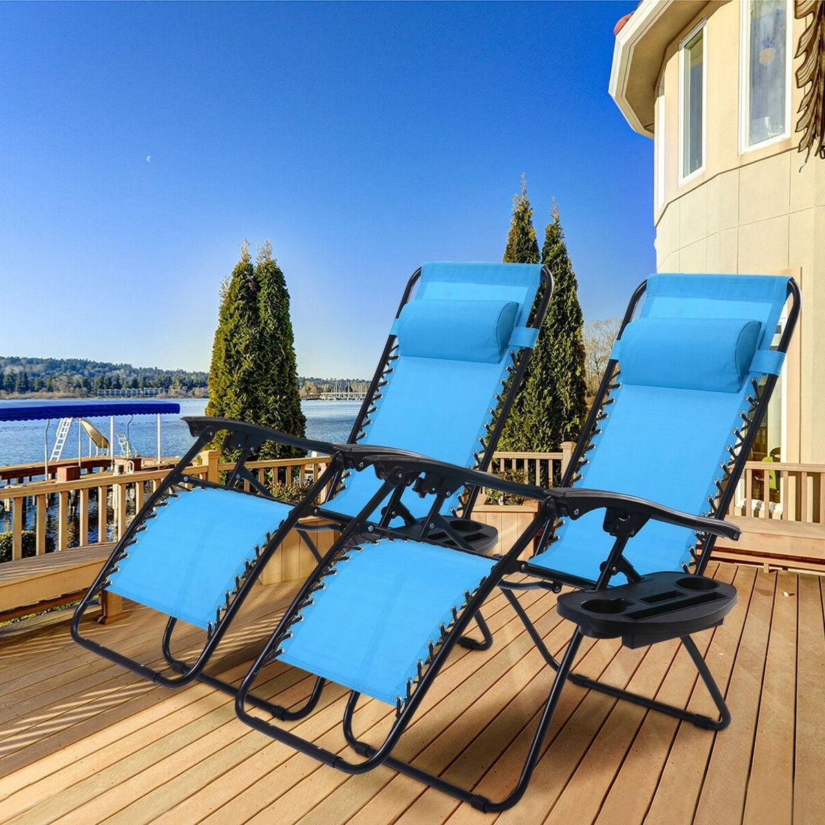 Set of 2 Blue Folding Outdoor Zero Gravity Lounge Chair Recliner-1