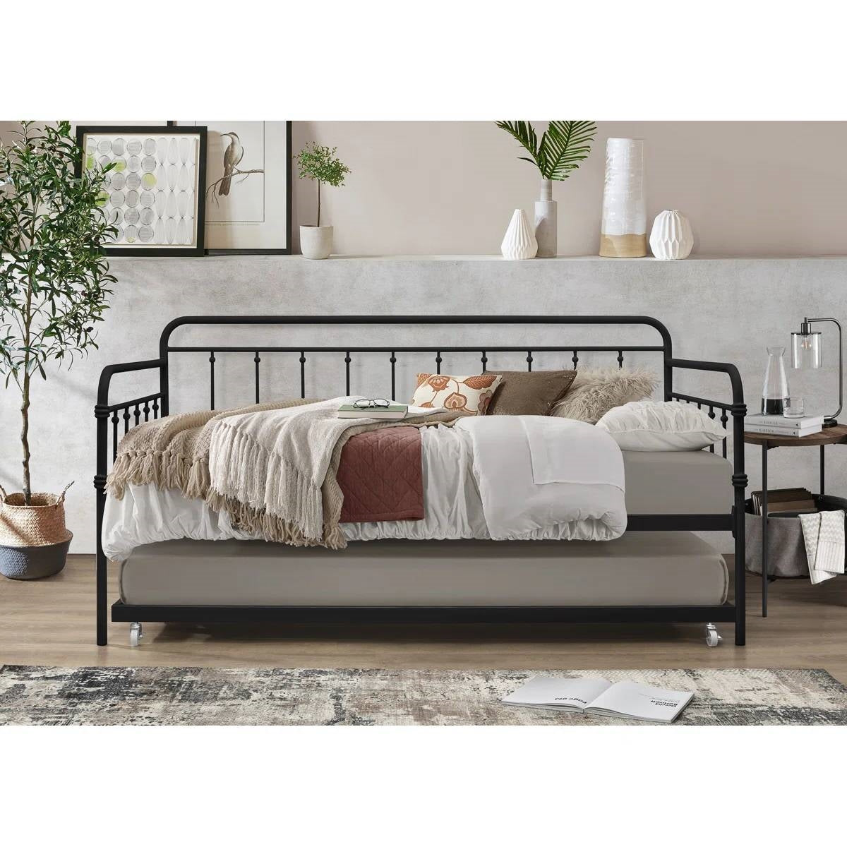 Twin size Black Rounded Iron Daybed with Roll Out Trundle Bed Frame-1