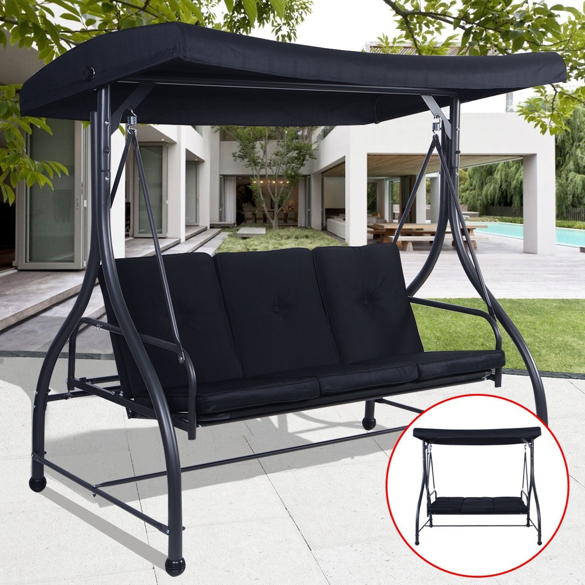 Black Adjustable 3 Seat Cushioned Porch Patio Canopy Swing Chair-1