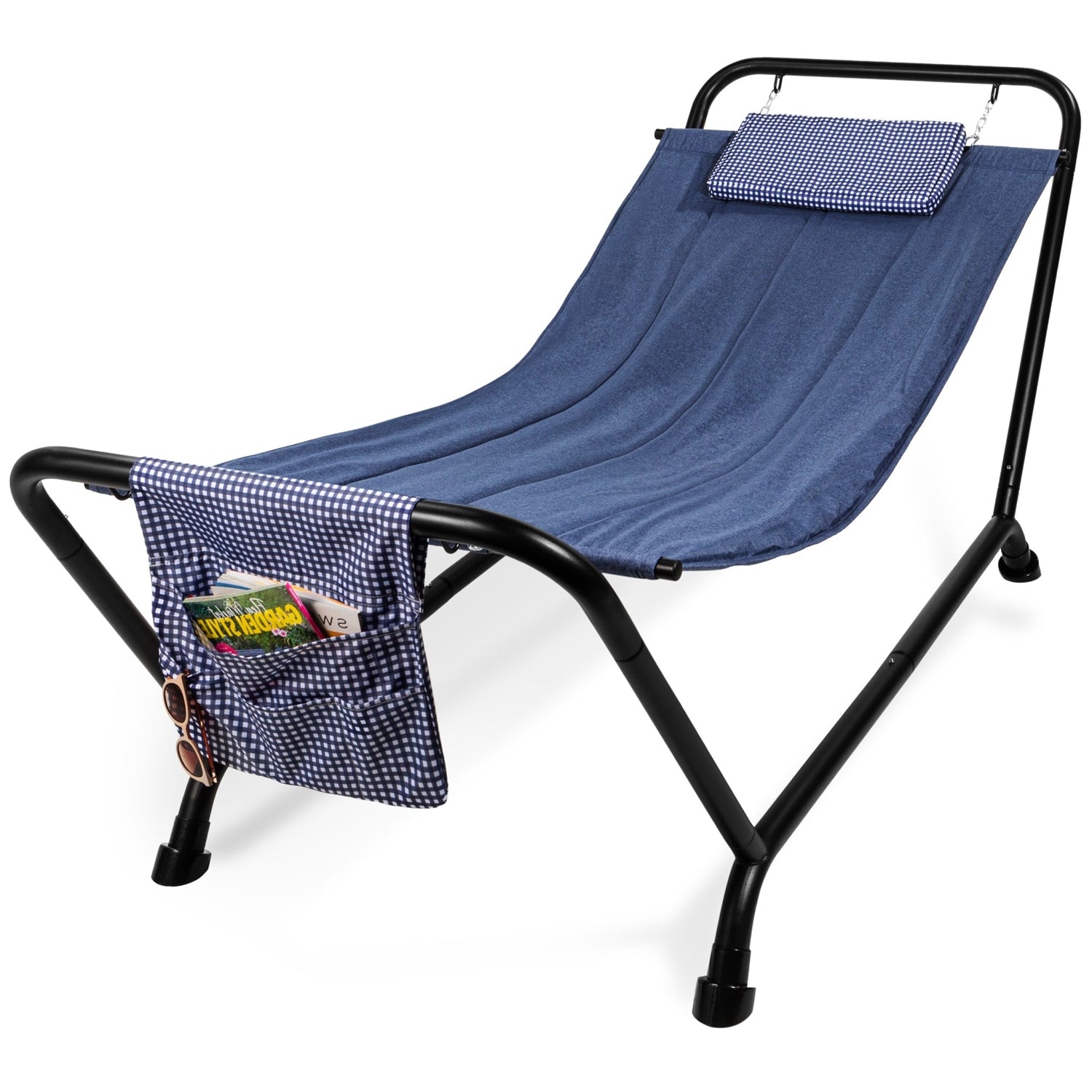 Blue Waterproof Patio Hammock w/ Stand Pillow Storage Pockets-0