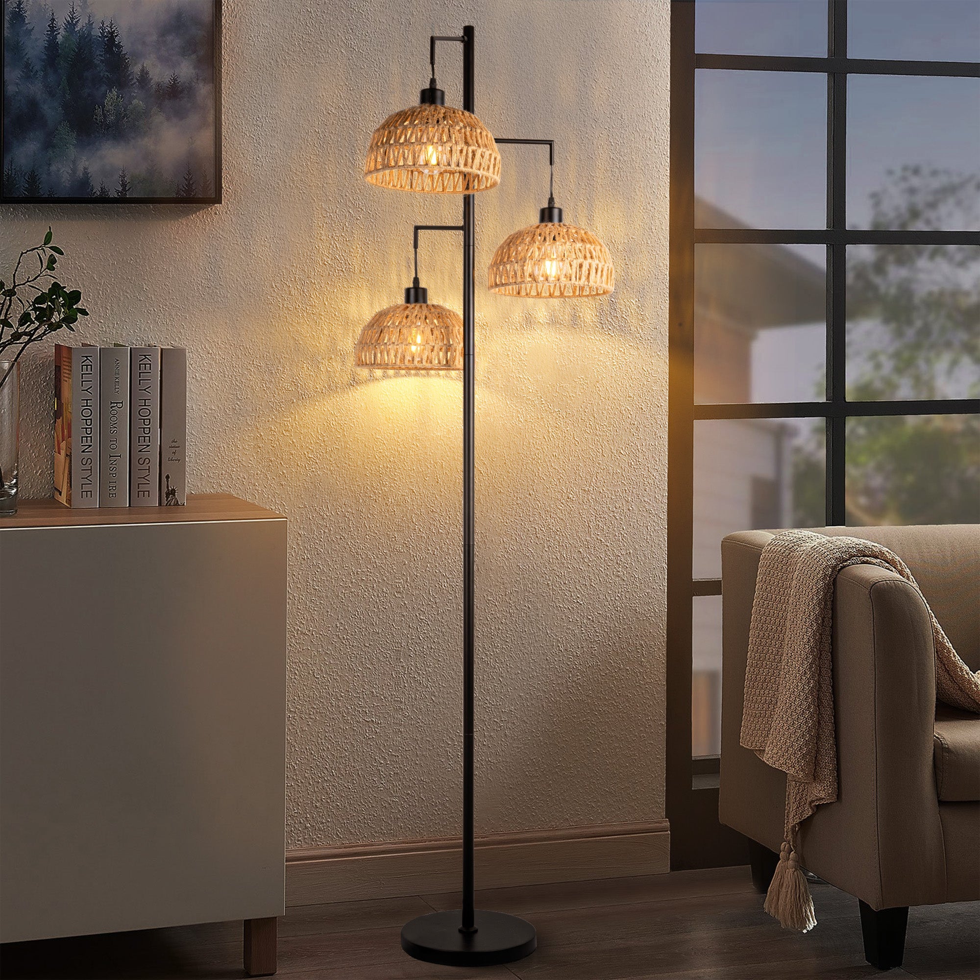 Boho Rattan Floor Lamp with Cage Shade-4