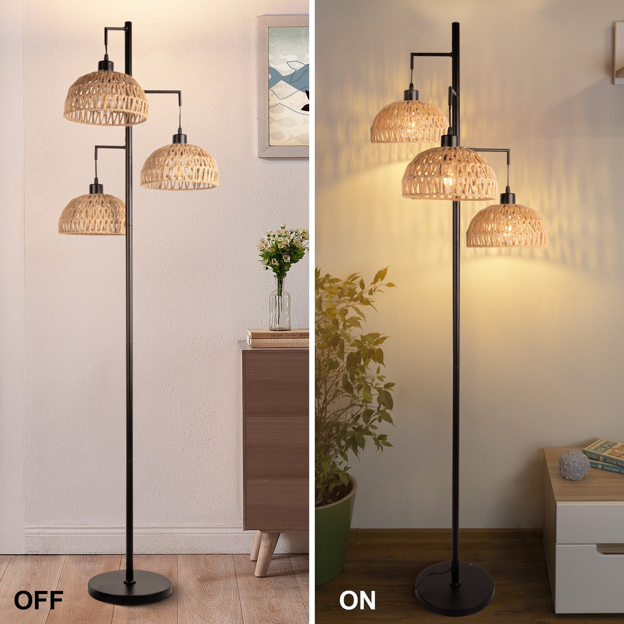 Boho Rattan Floor Lamp with Cage Shade-3