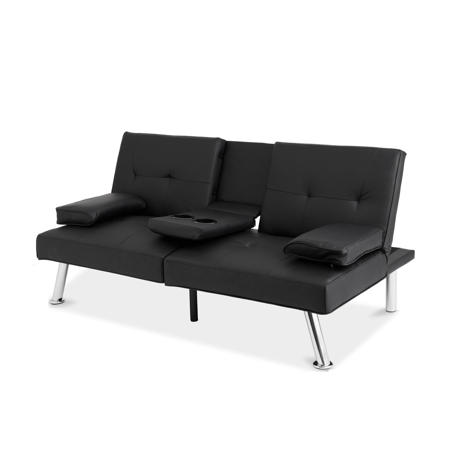 Black Faux Leather Convertible Sofa Futon with 2 Cup Holders-1