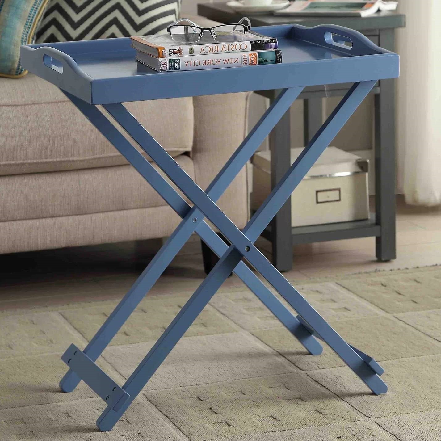 Folding TV Tray Bedside Table in Blue Wood Finish-0