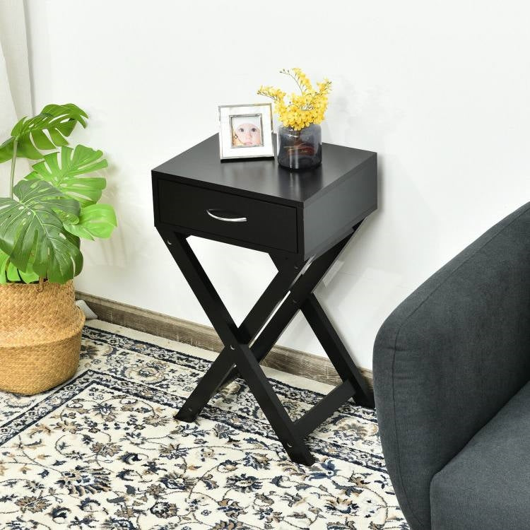 X-Shape 1 Drawer Nightstand End Side Table Storage in Black-1