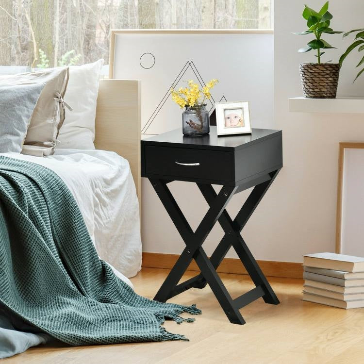 X-Shape 1 Drawer Nightstand End Side Table Storage in Black-2