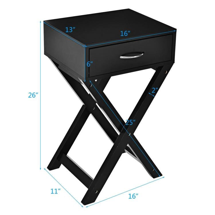 X-Shape 1 Drawer Nightstand End Side Table Storage in Black-3