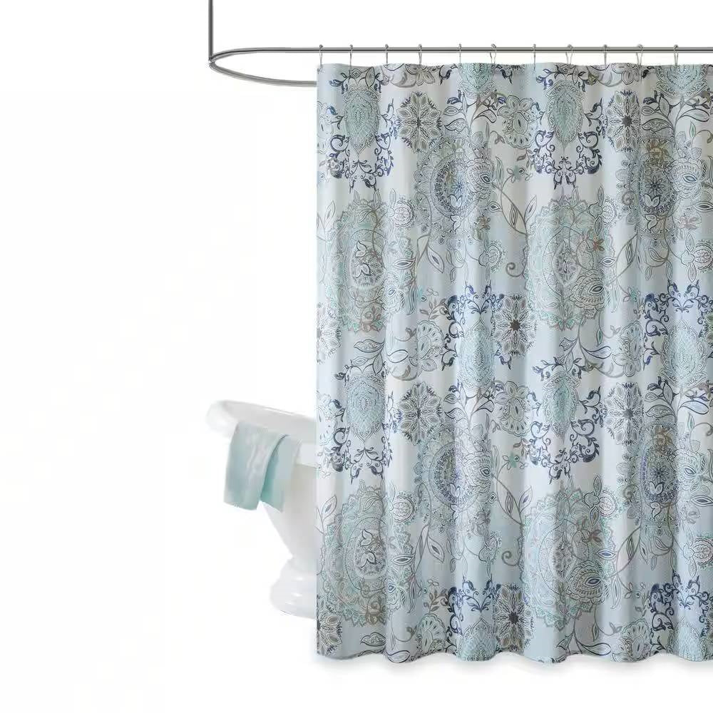 72-inch Cotton Shower Curtain with Blue Watercolor Paisley Floral Motif-0