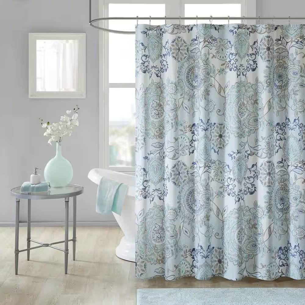 72-inch Cotton Shower Curtain with Blue Watercolor Paisley Floral Motif-1