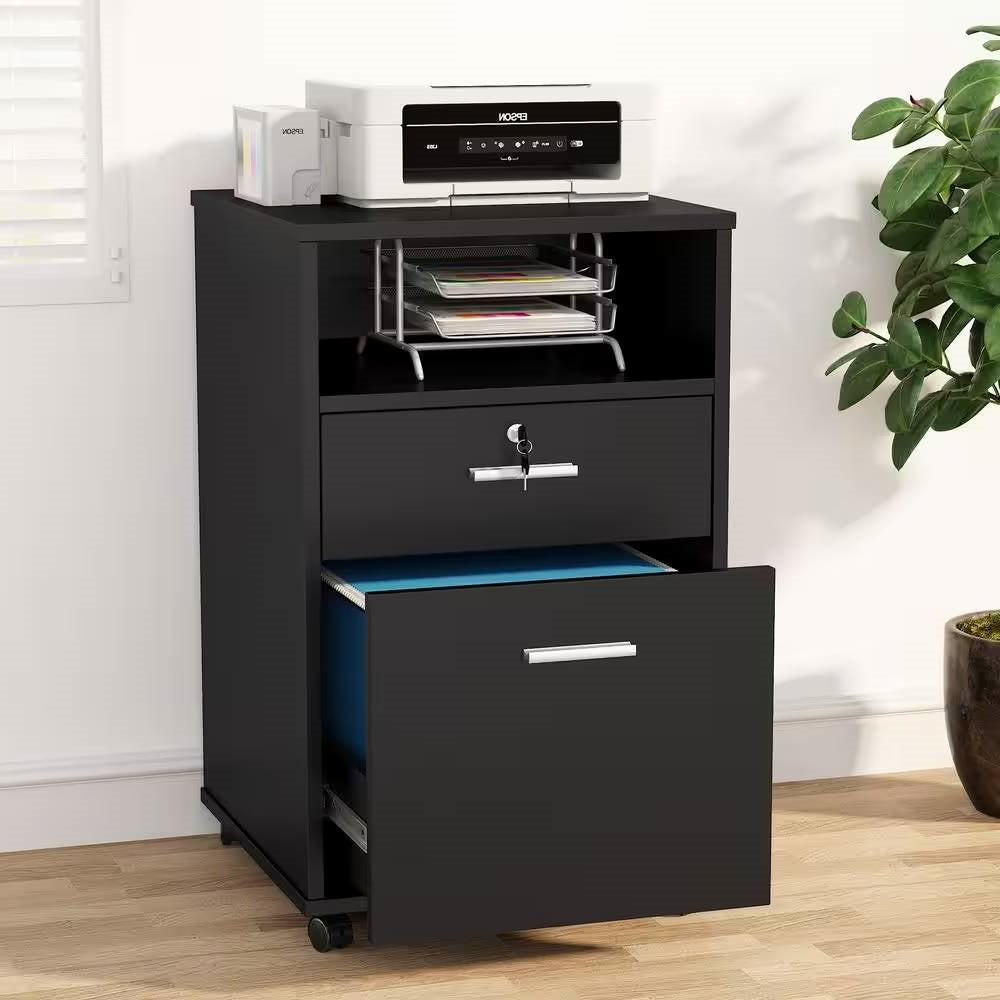 Black Rolling 2-Drawer Mobile File Cabinet Printer Stand Office Cart on Wheels-0