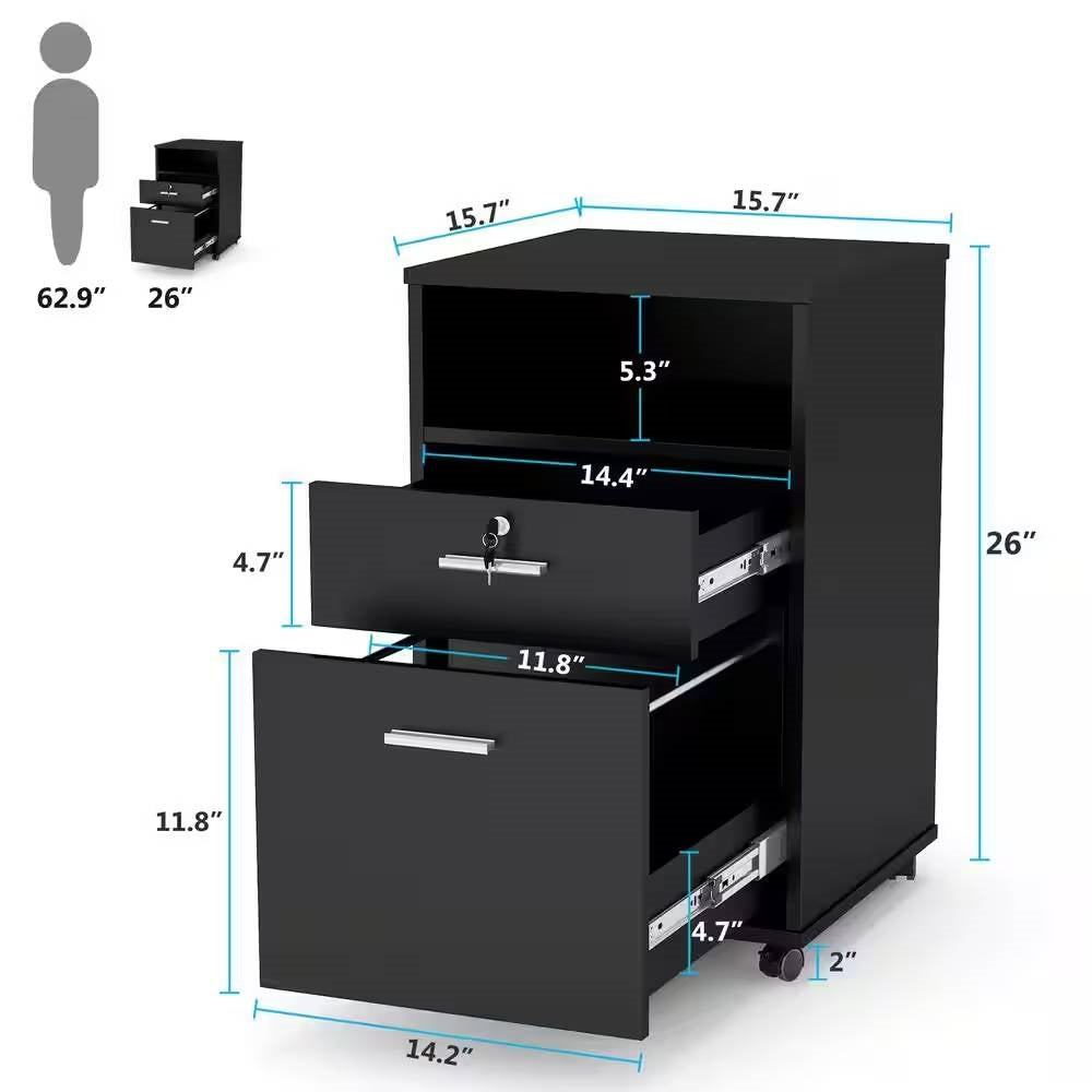 Black Rolling 2-Drawer Mobile File Cabinet Printer Stand Office Cart on Wheels-3