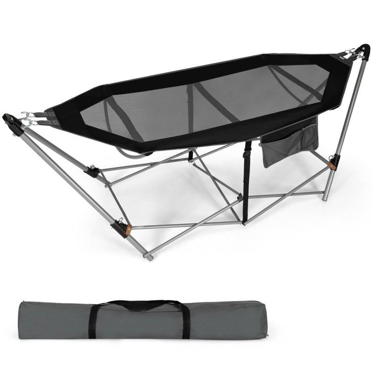 Black Portable Camping Foldable Hammock with Stand and Carry Case-0