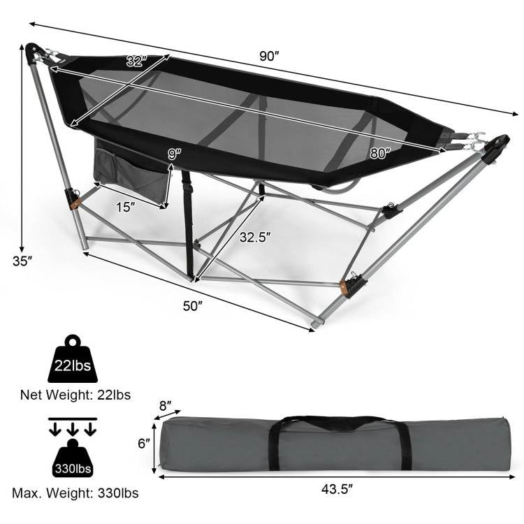 Black Portable Camping Foldable Hammock with Stand and Carry Case-3