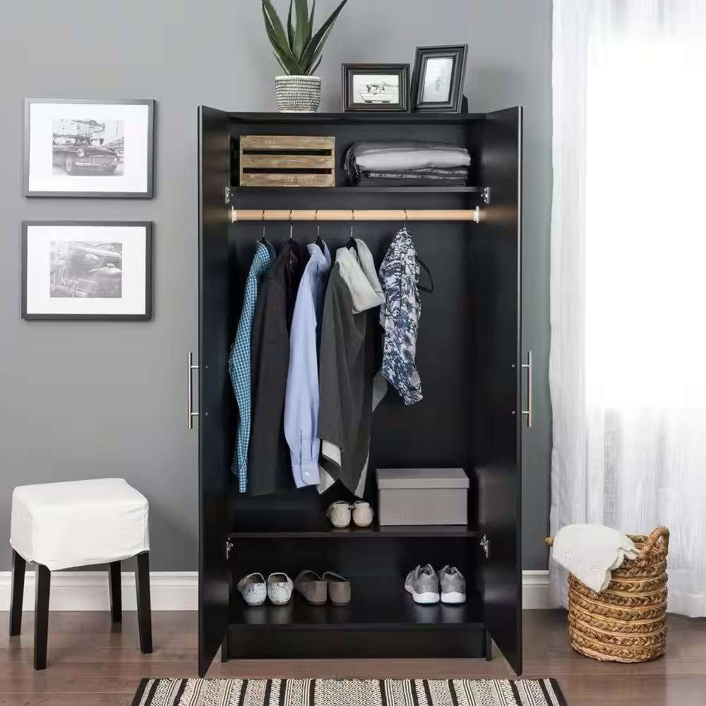 Black Freestanding Bedroom Cabinet Armoire Wardrobe Closet with Hanging Rail-0