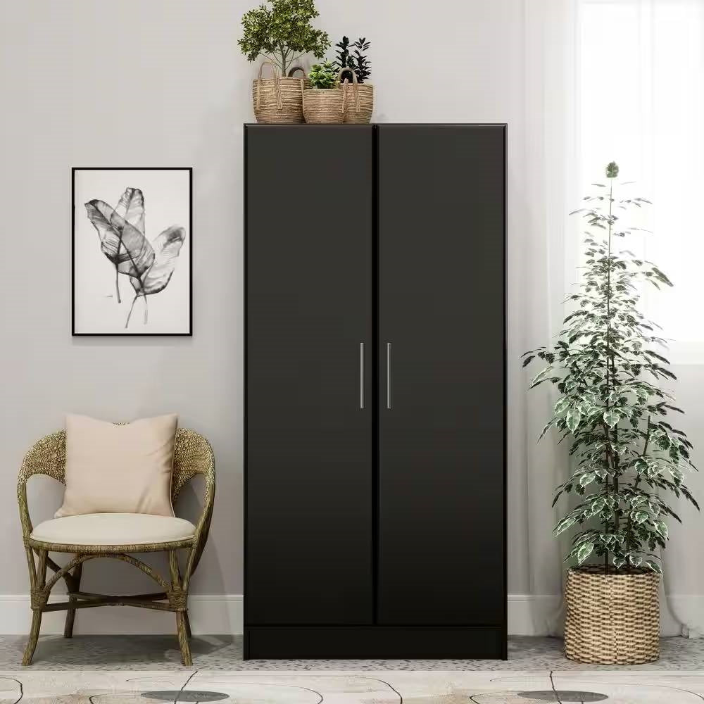 Black Freestanding Bedroom Cabinet Armoire Wardrobe Closet with Hanging Rail-3