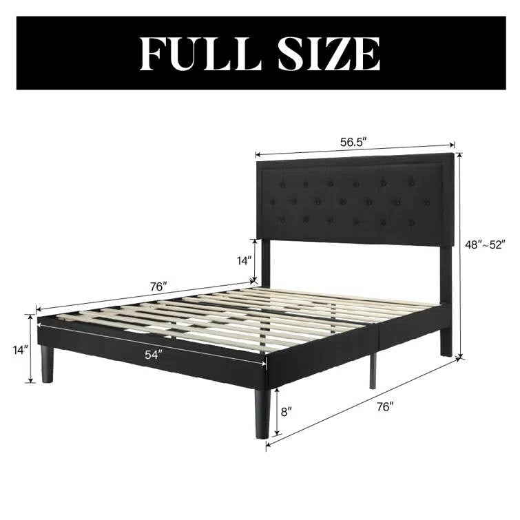 Full size Black Linen Upholstered Platform Bed with Button-Tufted Headboard-4