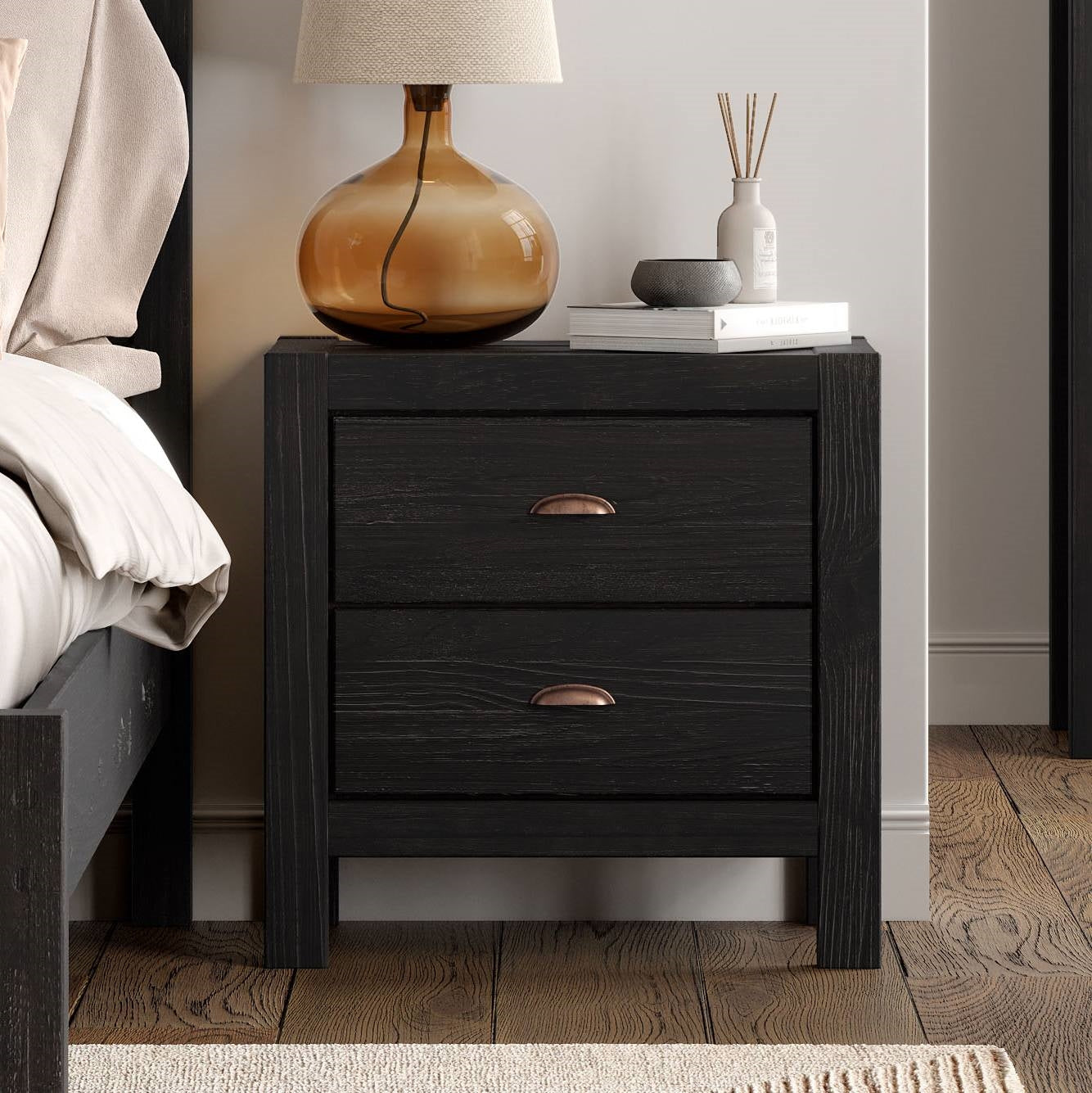 Farmhouse Style Solid Pine Wood 2-Drawer Nightstand Bedside Table in Black-1