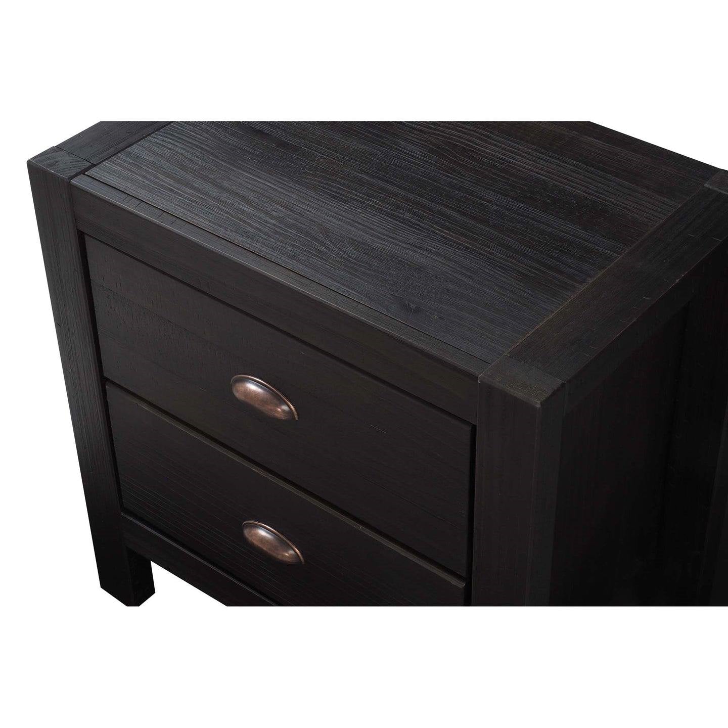 Farmhouse Style Solid Pine Wood 2-Drawer Nightstand Bedside Table in Black-3