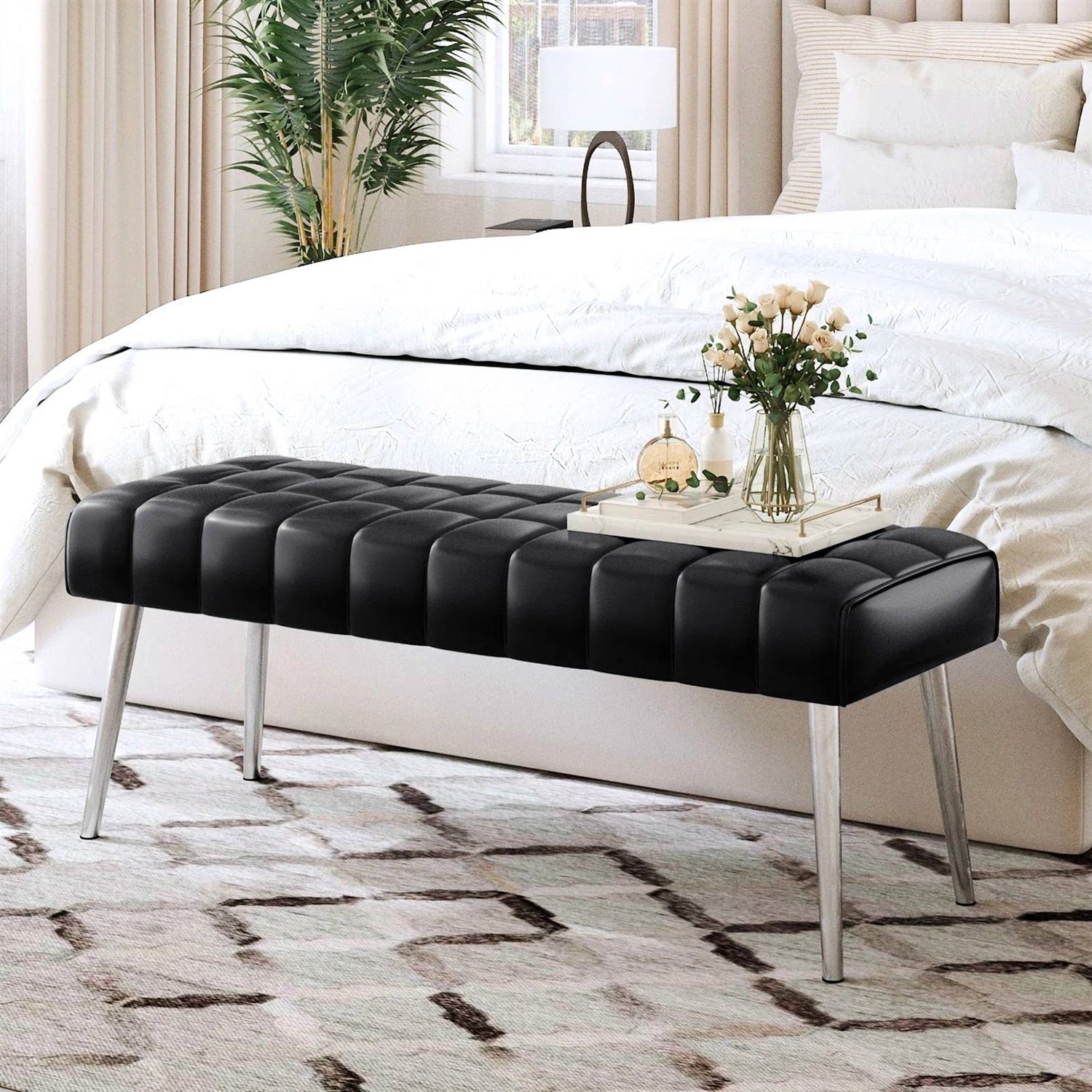 Mid-Century Modern End of Bed Bench with Black PU Leather Seat and Tapered Legs-0