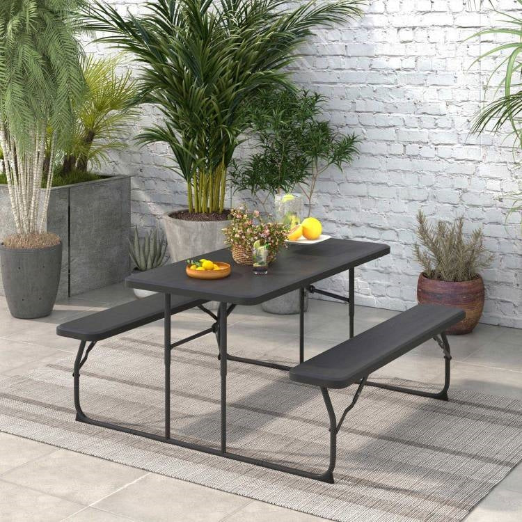 Folding Picnic Table with 2 Benches Outdoor Patio Dining Set in Black-1