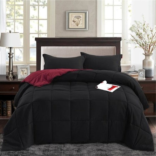 Full/Queen Traditional Microfiber Reversible 3 Piece Comforter Set in Black/Maroon-0