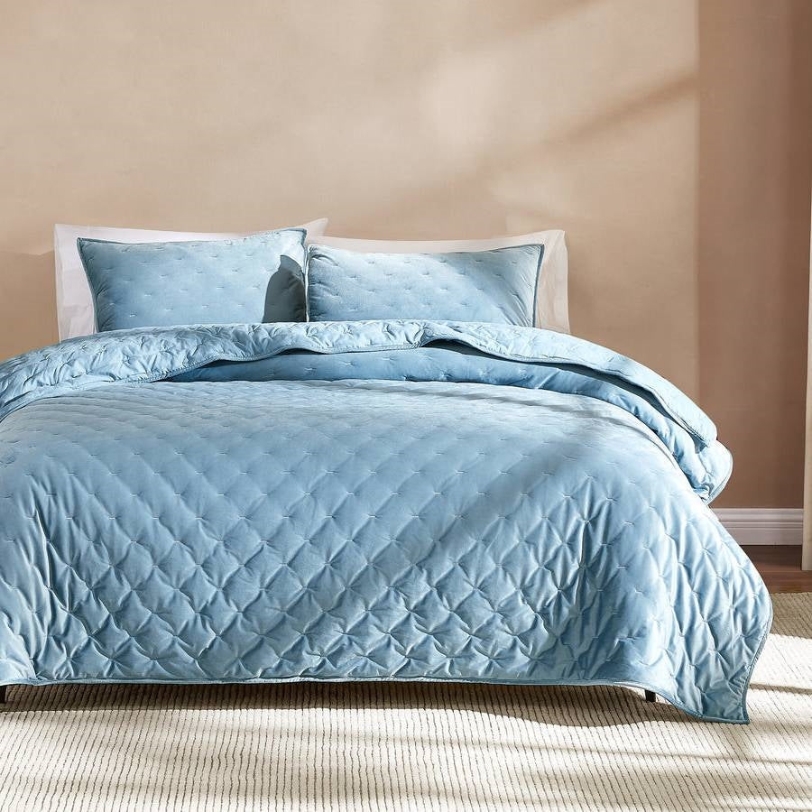 Full / Queen 3-Piece Blue Velvet Embroidered Lavishly Soft Quilt Set-1