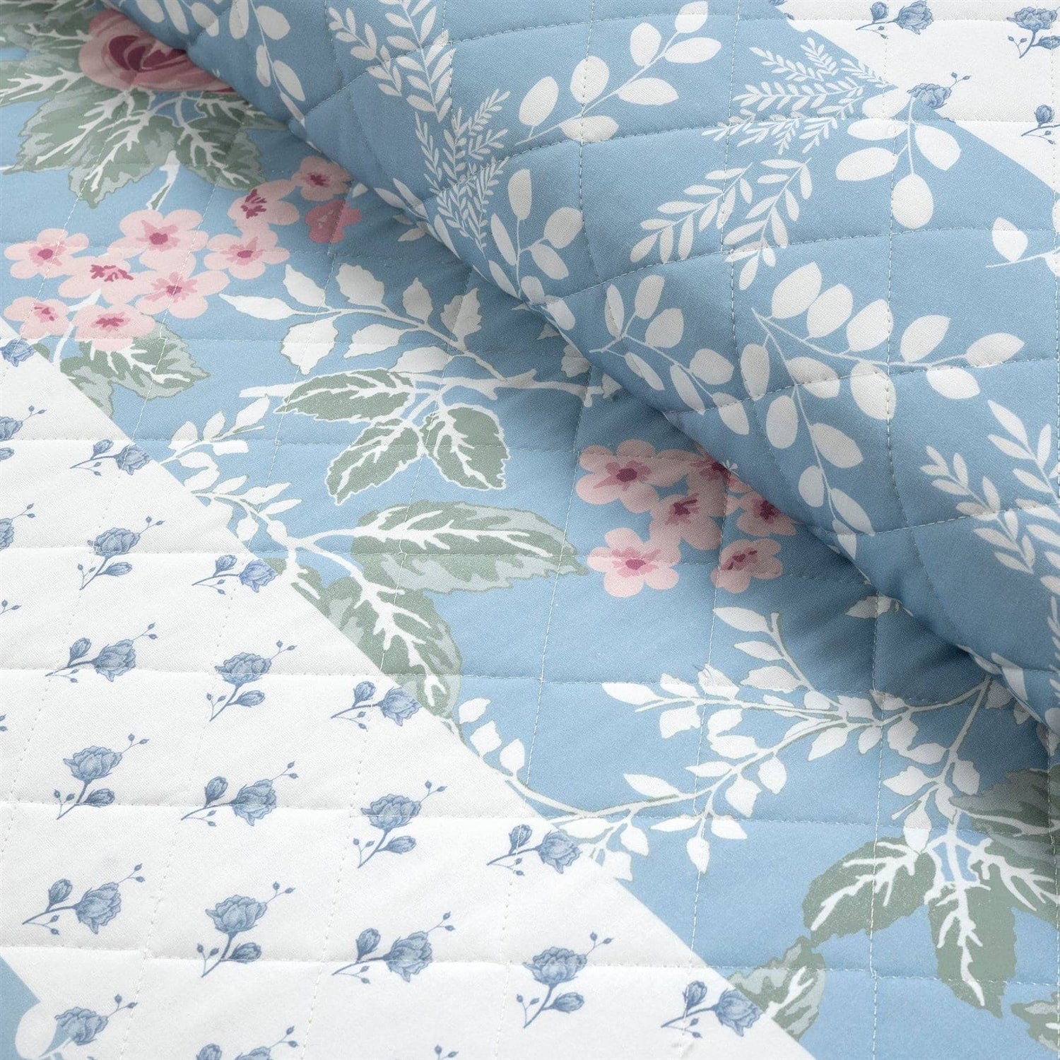 Full/Queen Blue Pink White Beige Floral Cottage Lightweight 3-Piece Quilt Set-2