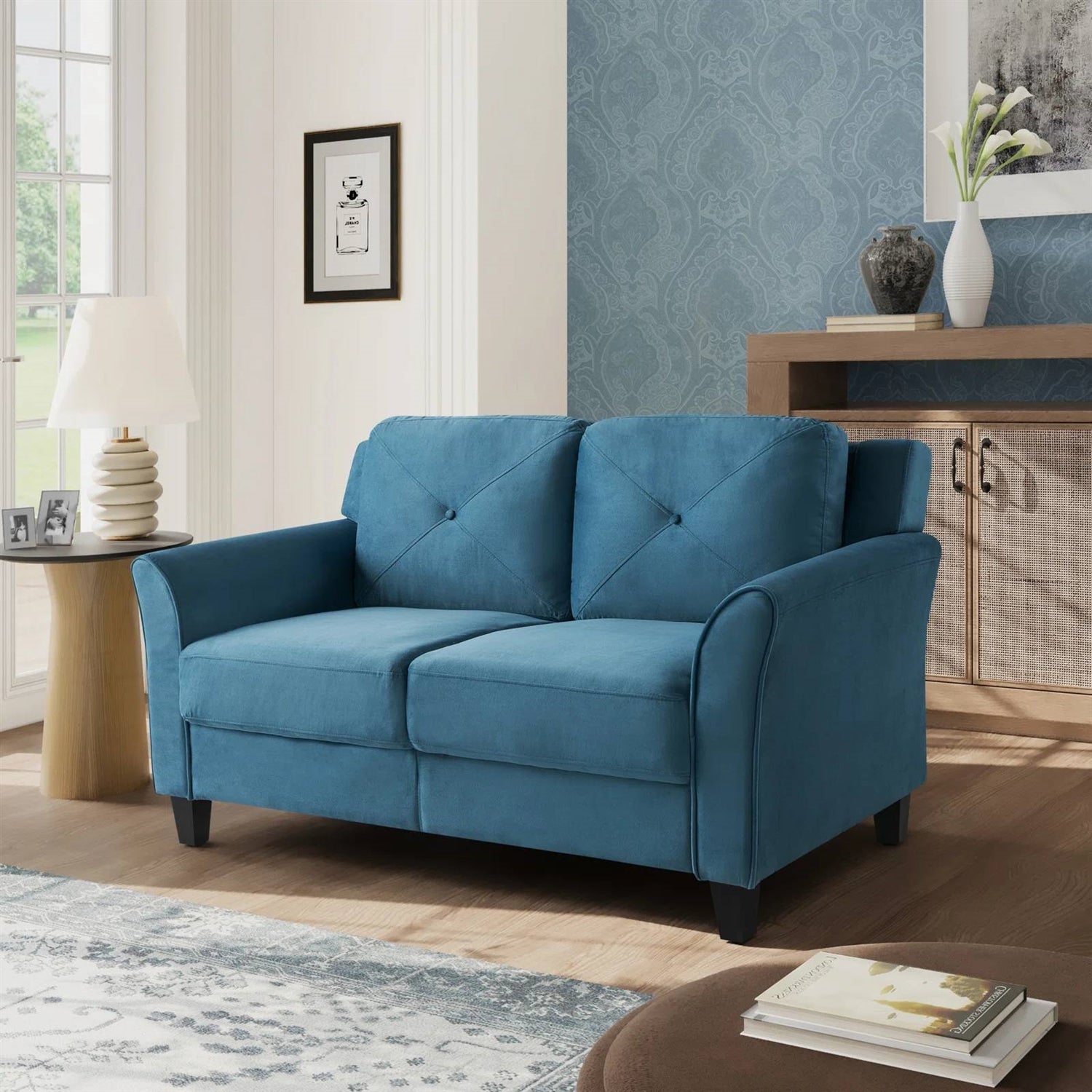Modern Upholstered Loveseat Sofa in Blue Microfiber with Button Tufted Cushions-0