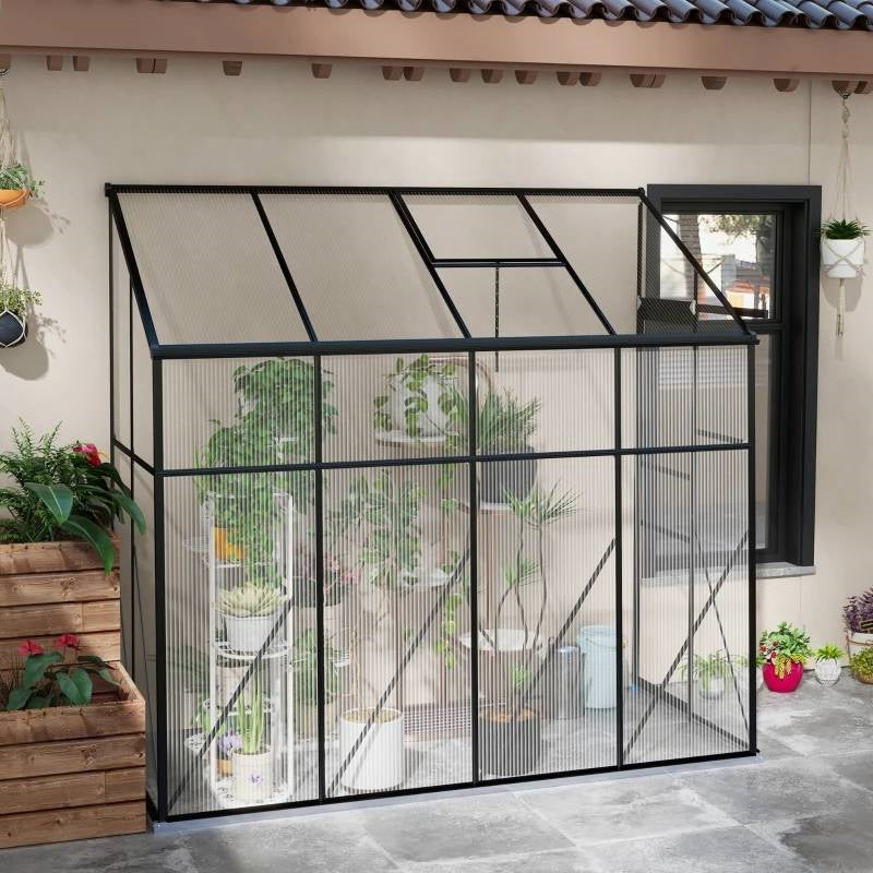 8.3 ft x 4.1 ft Outdoor Polycarbonate Lean-to Greenhouse with Black Metal Frame-0