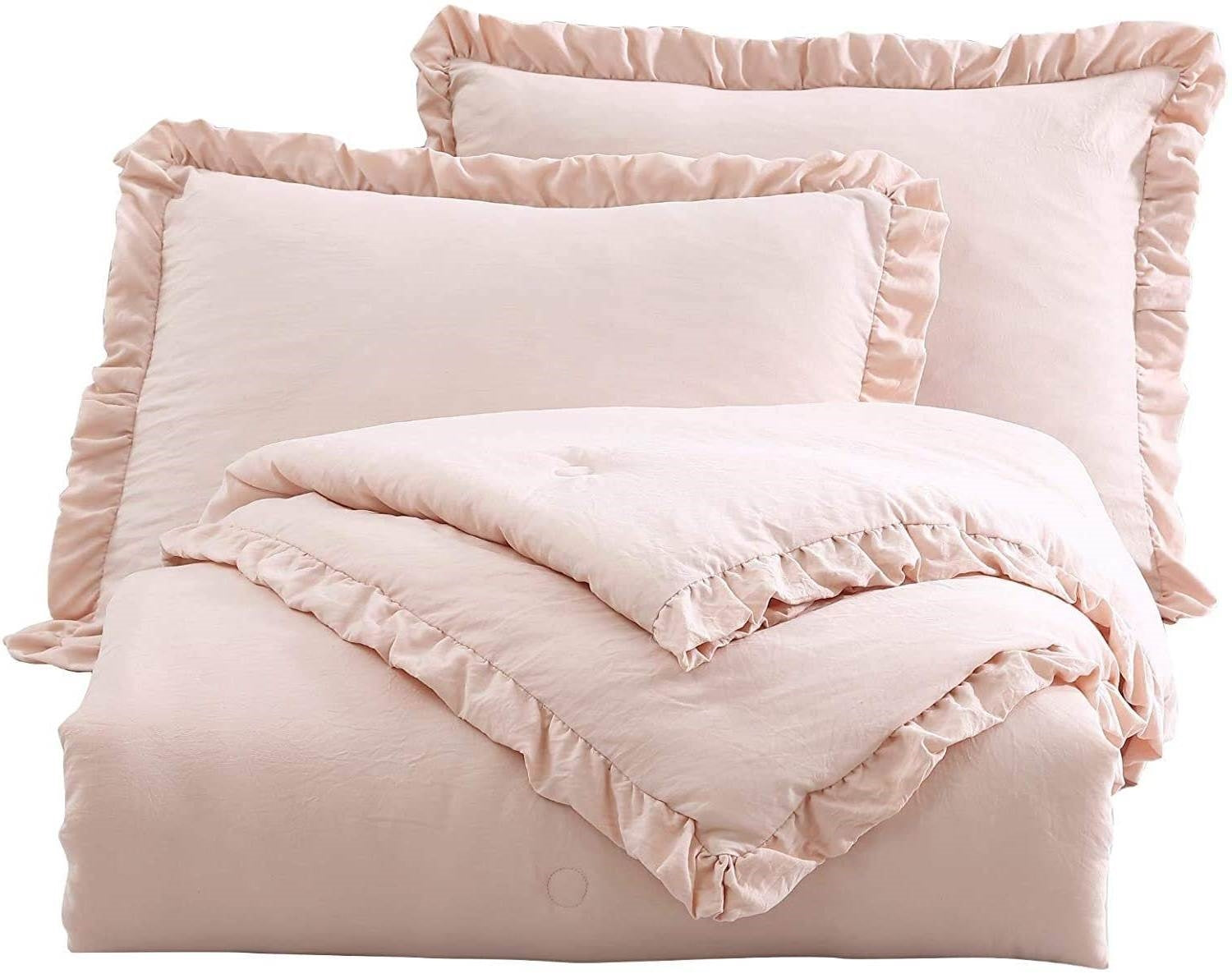 Full Size Pink Stone Washed Ruffled Edge Microfiber Comforter Set-0