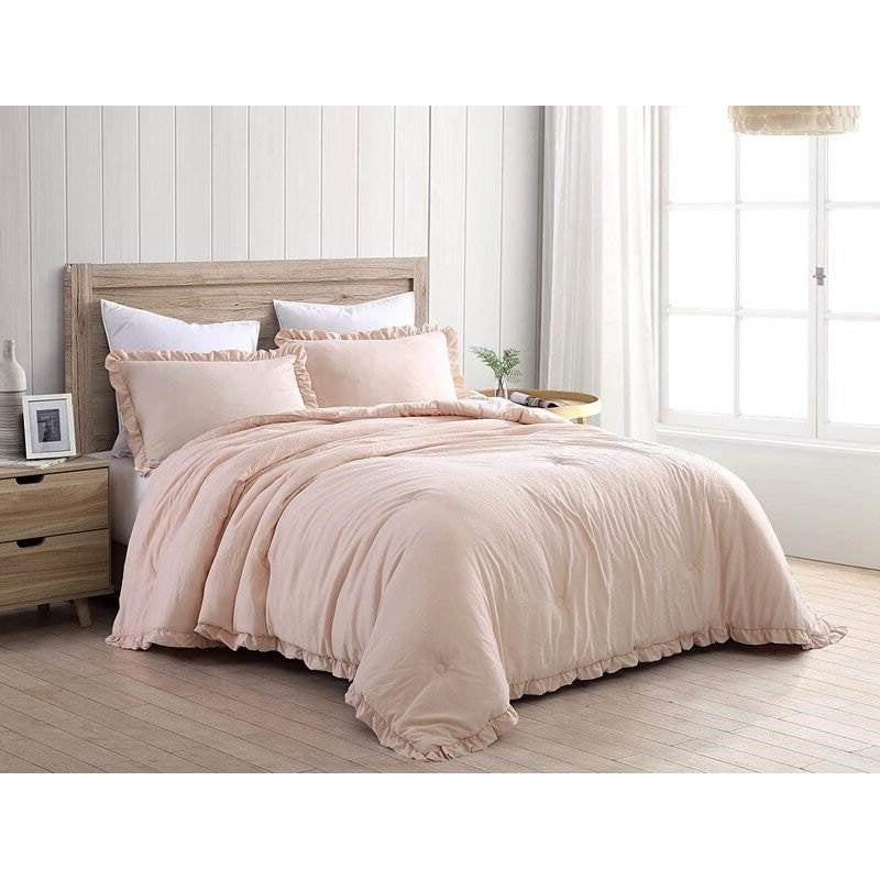 Full Size Pink Stone Washed Ruffled Edge Microfiber Comforter Set-1