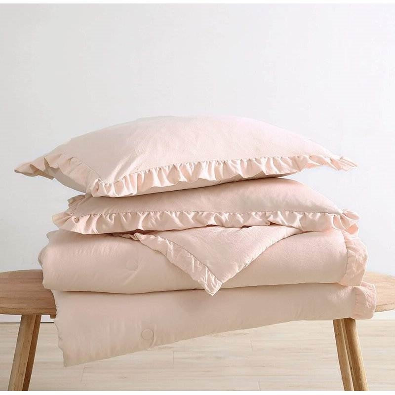 Full Size Pink Stone Washed Ruffled Edge Microfiber Comforter Set-3