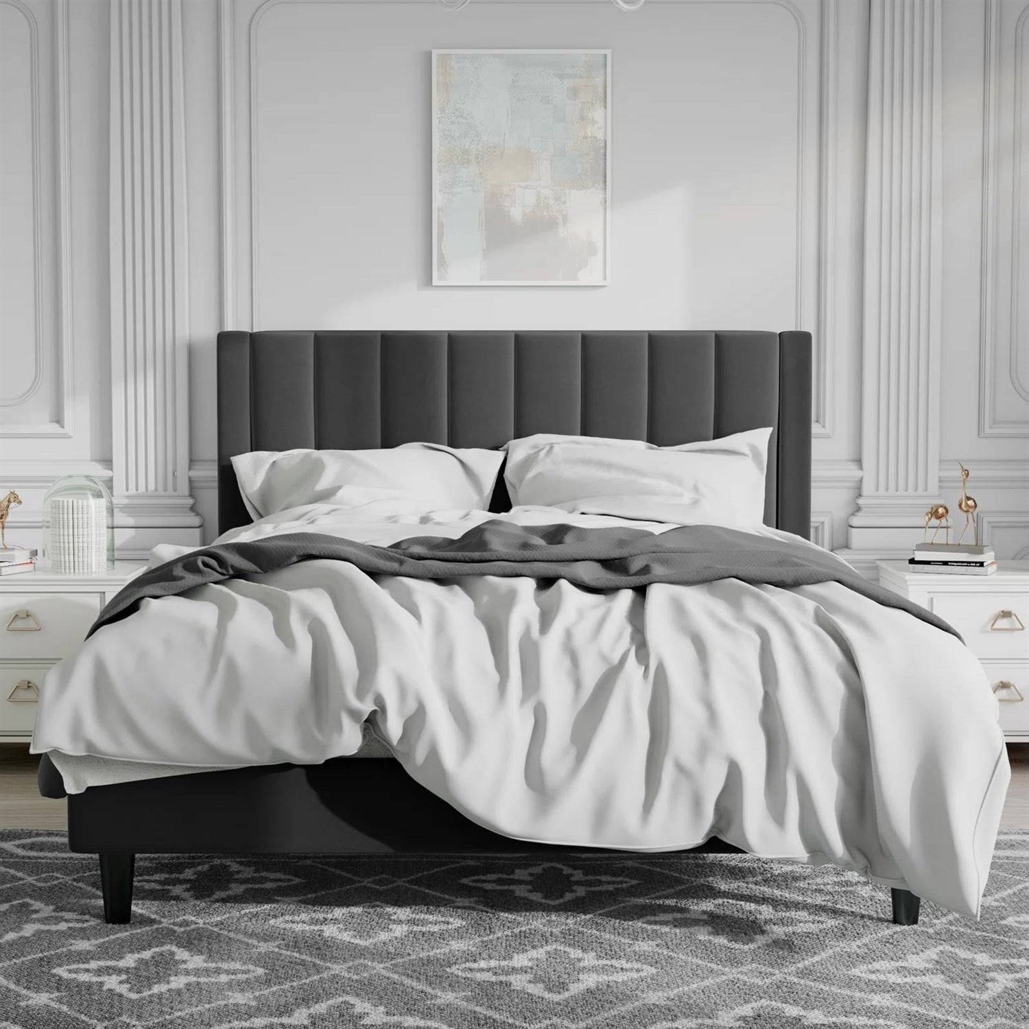 Full size Modern Black Velvet Upholstered Platform Bed with Headboard-1