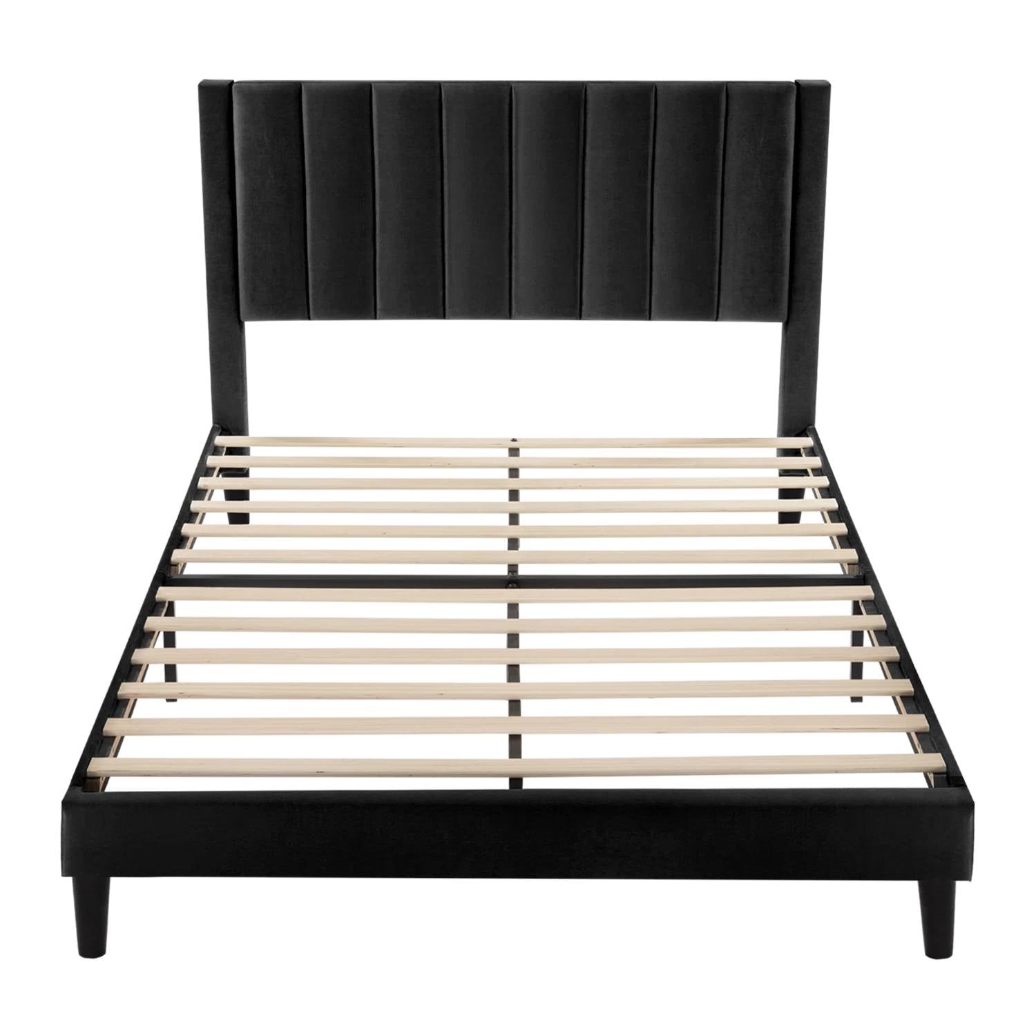 Full size Modern Black Velvet Upholstered Platform Bed with Headboard-2