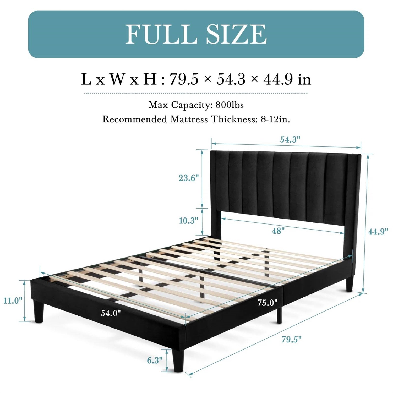 Full size Modern Black Velvet Upholstered Platform Bed with Headboard-4