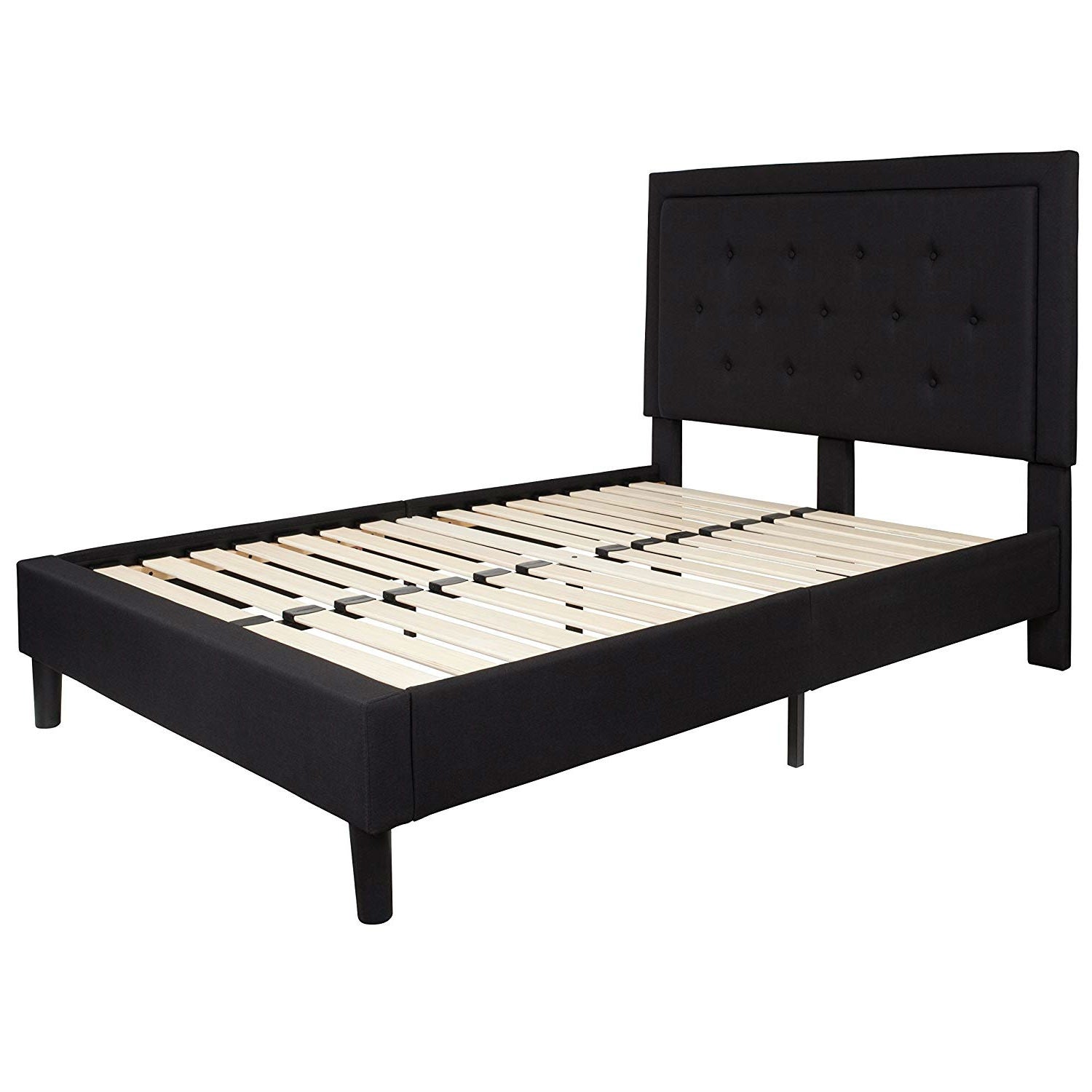 Full size Black Fabric Upholstered Platform Bed Frame with Headboard-0