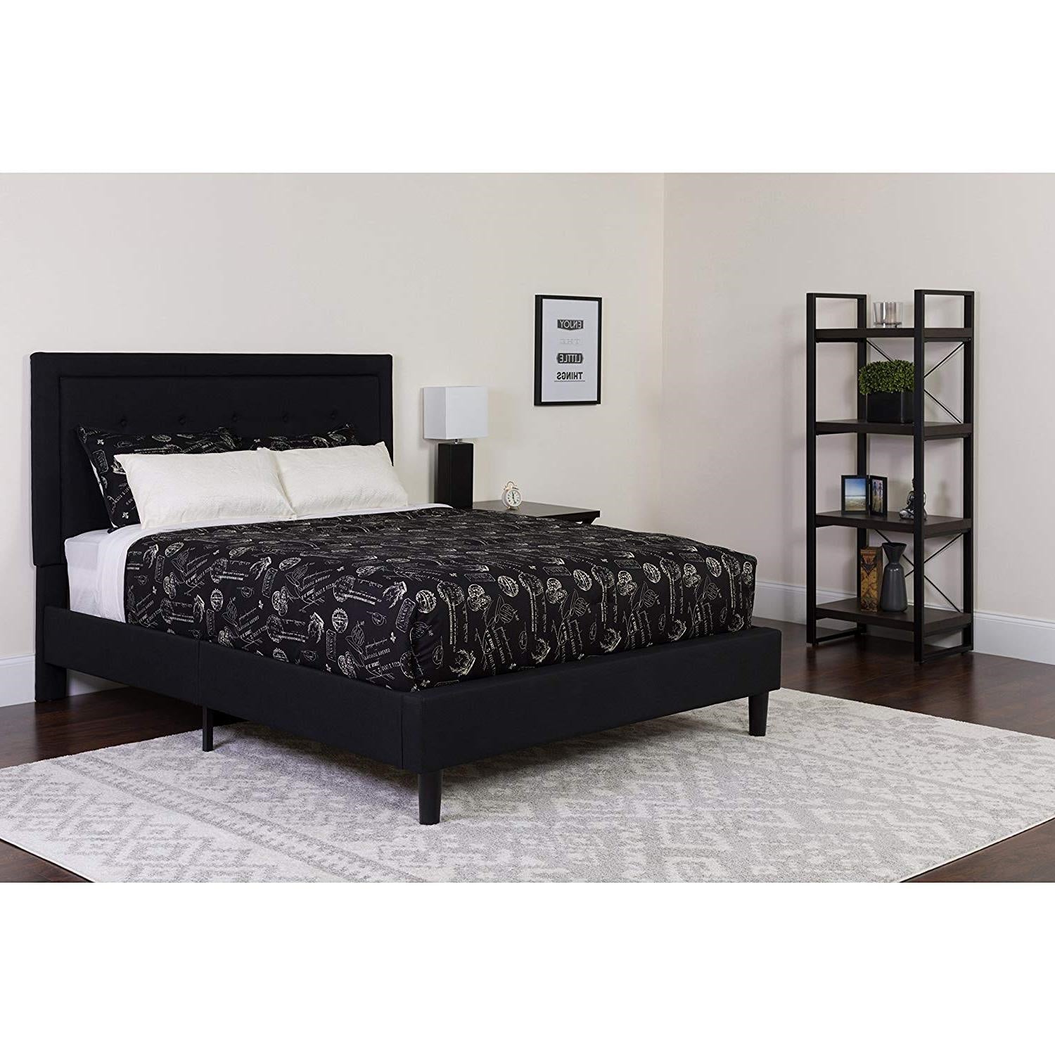 Full size Black Fabric Upholstered Platform Bed Frame with Headboard-2