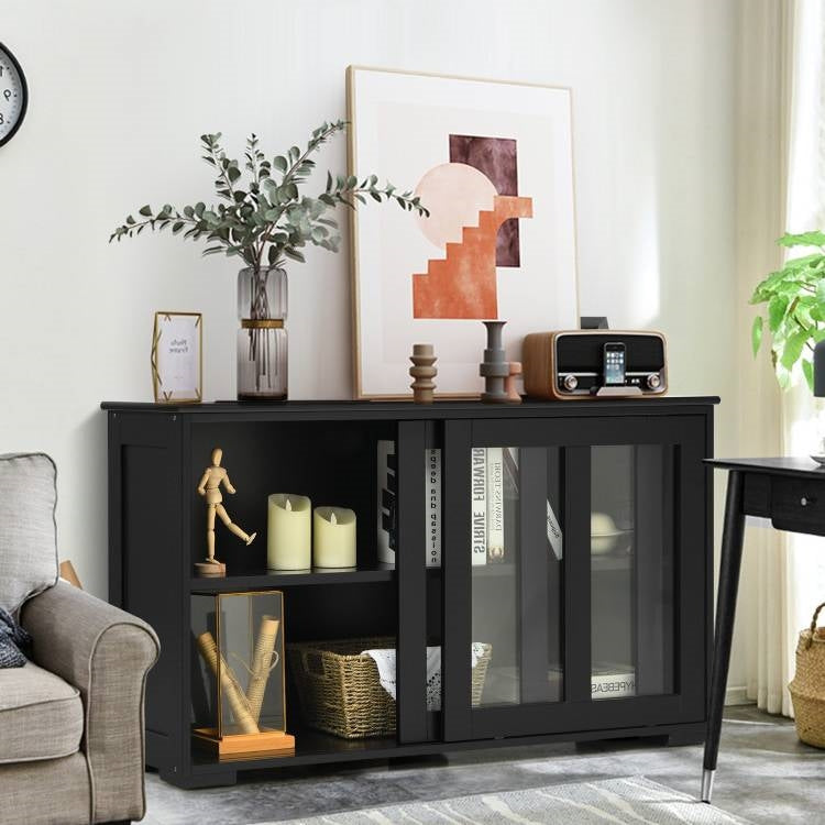 Black Wood Buffet Kitchen Dining Sideboard Storage Cabinet w/ Glass Sliding Door-2