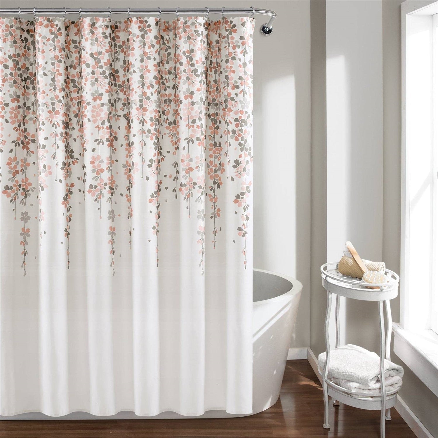 72-inch Off-White Beige Peach Pink Grey Floral Vines Flowers Shower Curtain-1