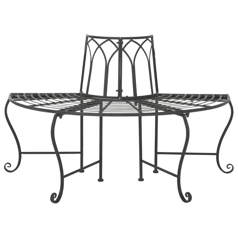 Half-Circle Outdoor Patio Garden Black Wrought Iron Tree Bench-0