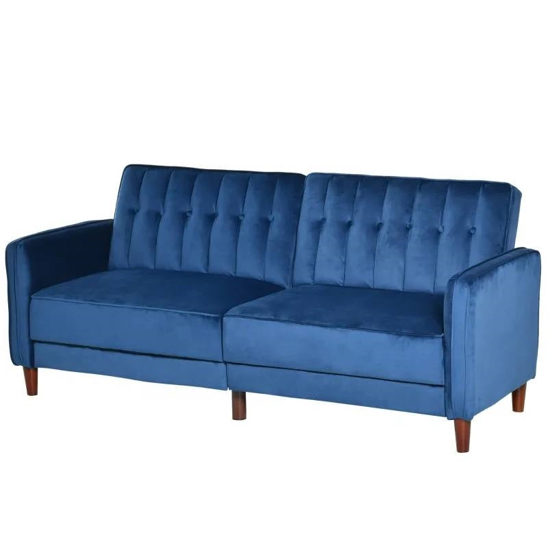 Mid-Century Modern Futon Sleeper Sofa Bed in Blue Velvet Upholstery-0