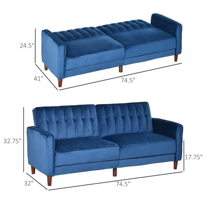 Mid-Century Modern Futon Sleeper Sofa Bed in Blue Velvet Upholstery-4